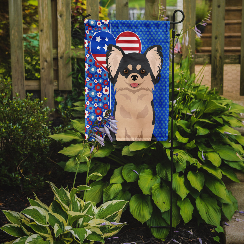 Longhaired Black and White Chihuahua USA American Flag Garden Size  the-store.com.