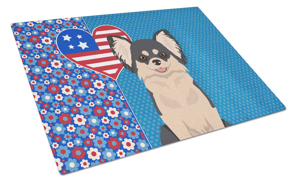 Buy this Longhaired Black and White Chihuahua USA American Glass Cutting Board Large