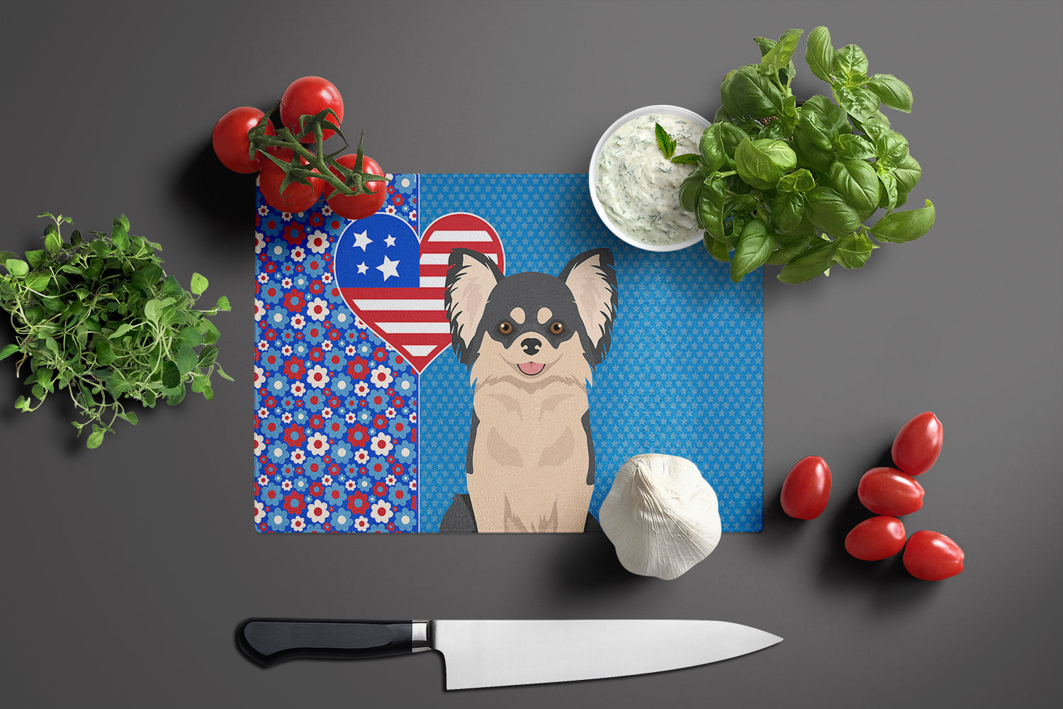 Longhaired Black and White Chihuahua USA American Glass Cutting Board Large - the-store.com