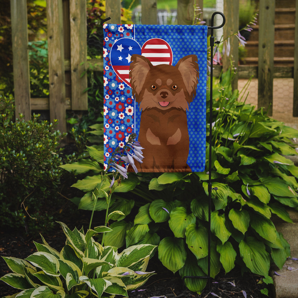 Longhaired Chocolate and Tan Chihuahua USA American Flag Garden Size  the-store.com.