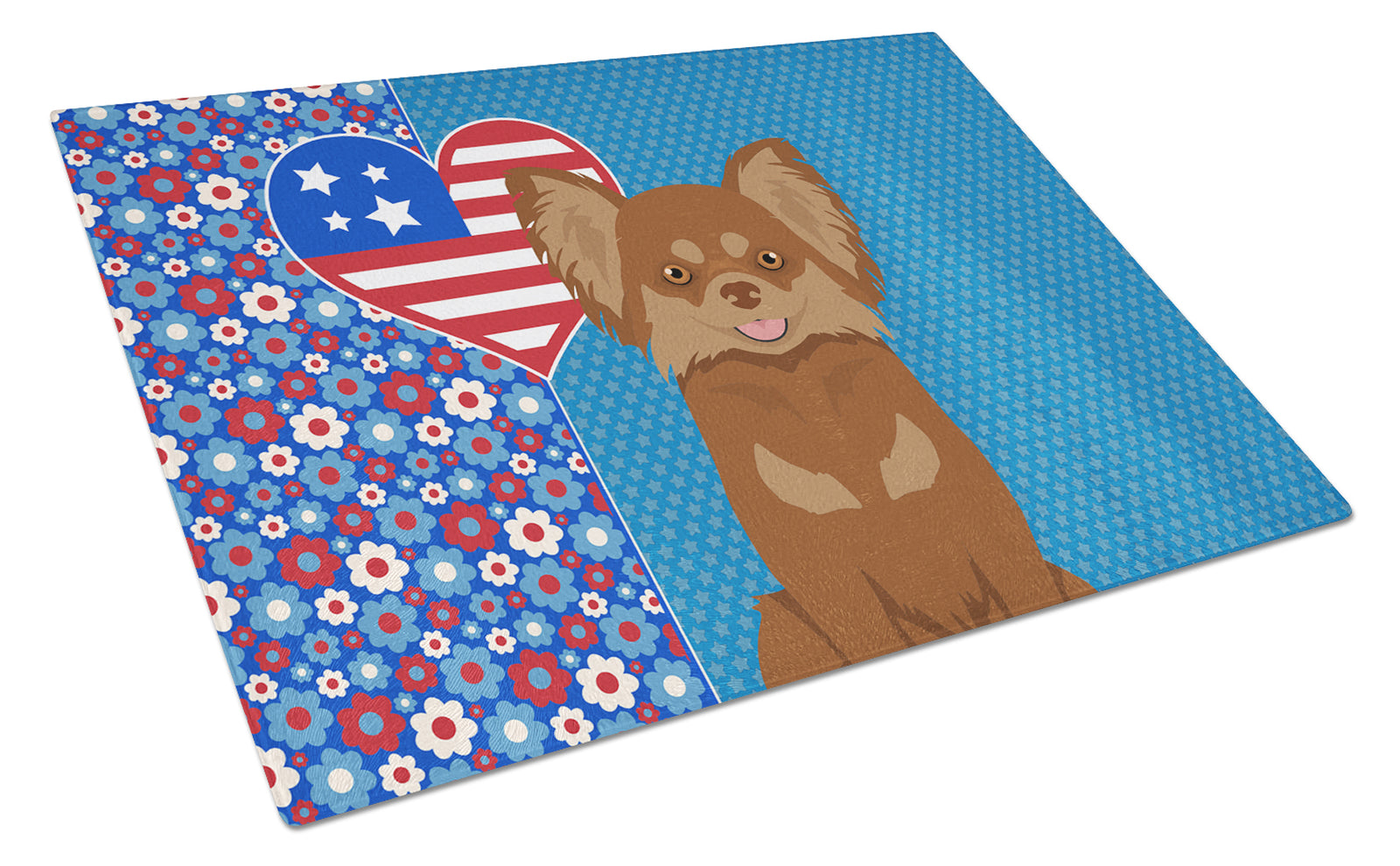 Buy this Longhaired Chocolate and Tan Chihuahua USA American Glass Cutting Board Large