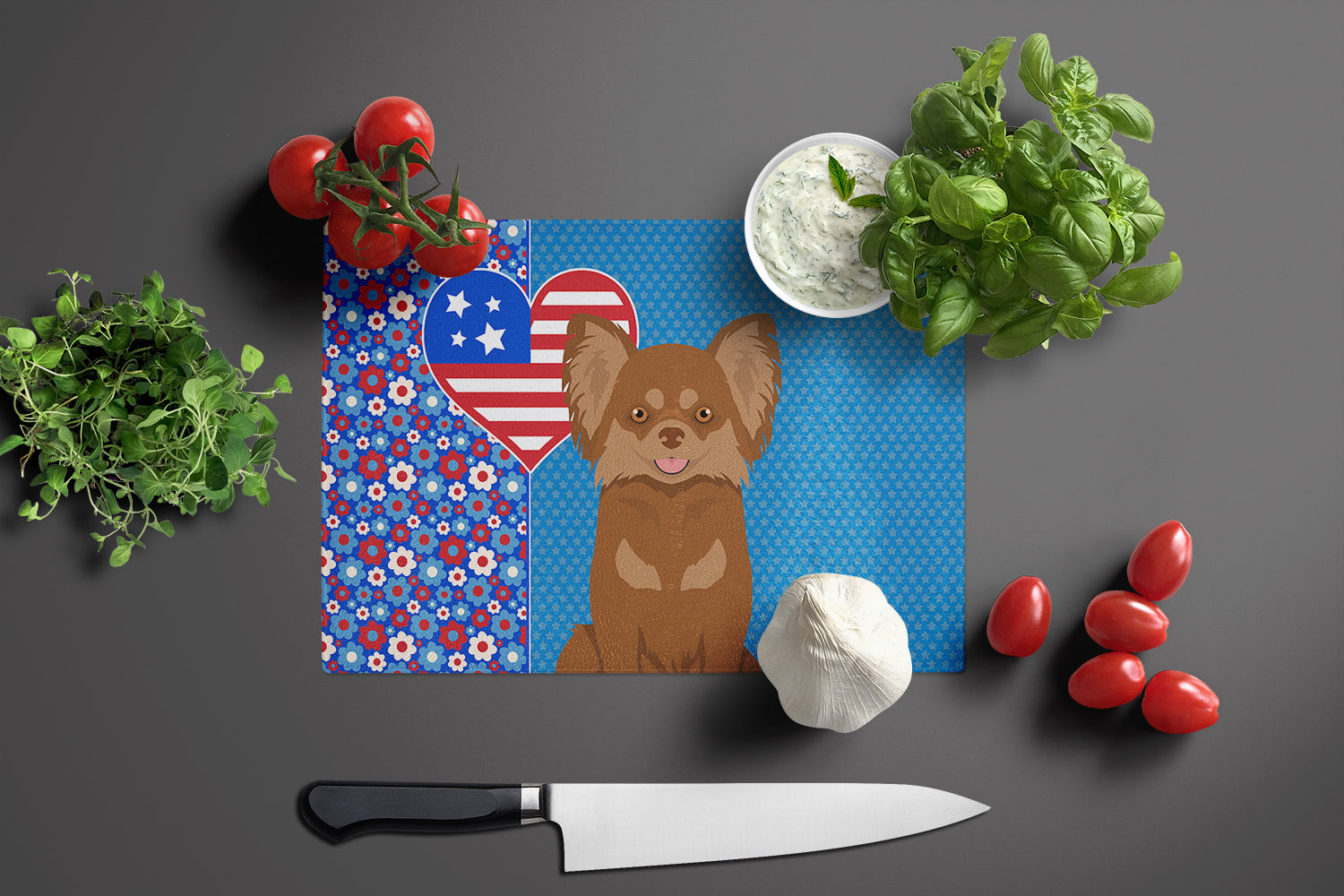 Longhaired Chocolate and Tan Chihuahua USA American Glass Cutting Board Large - the-store.com