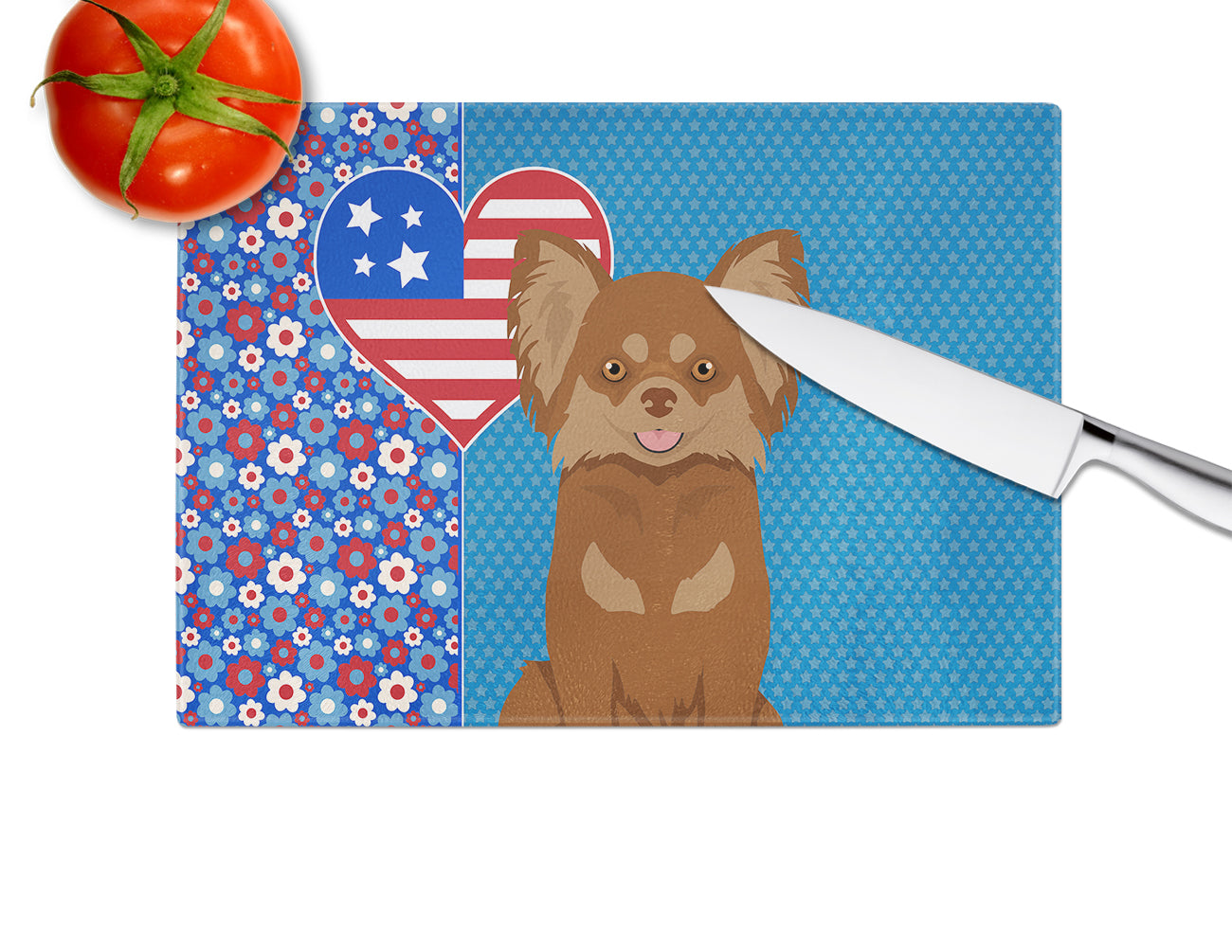 Longhaired Chocolate and Tan Chihuahua USA American Glass Cutting Board Large - the-store.com