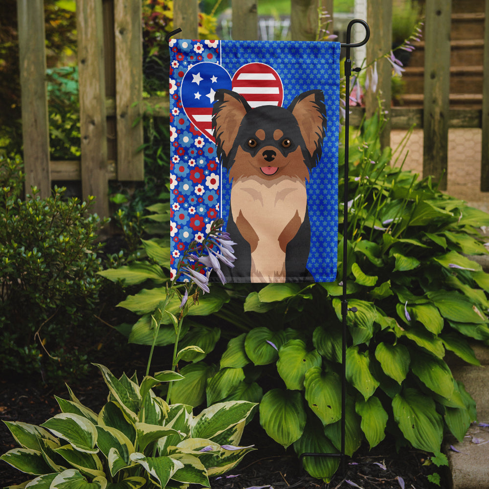 Longhaired Black and Tan Chihuahua USA American Flag Garden Size