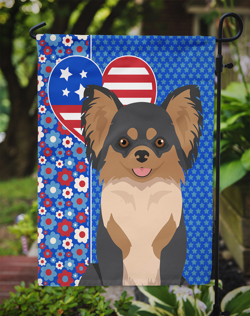 Longhaired Black and Tan Chihuahua USA American Flag Garden Size