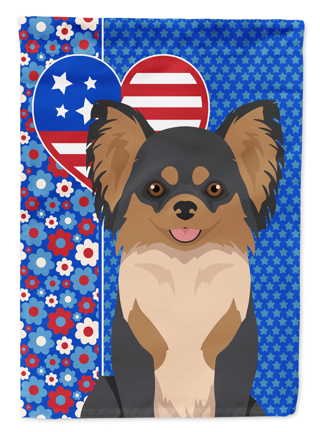 Longhaired Black and Tan Chihuahua USA American Flag Garden Size  the-store.com.