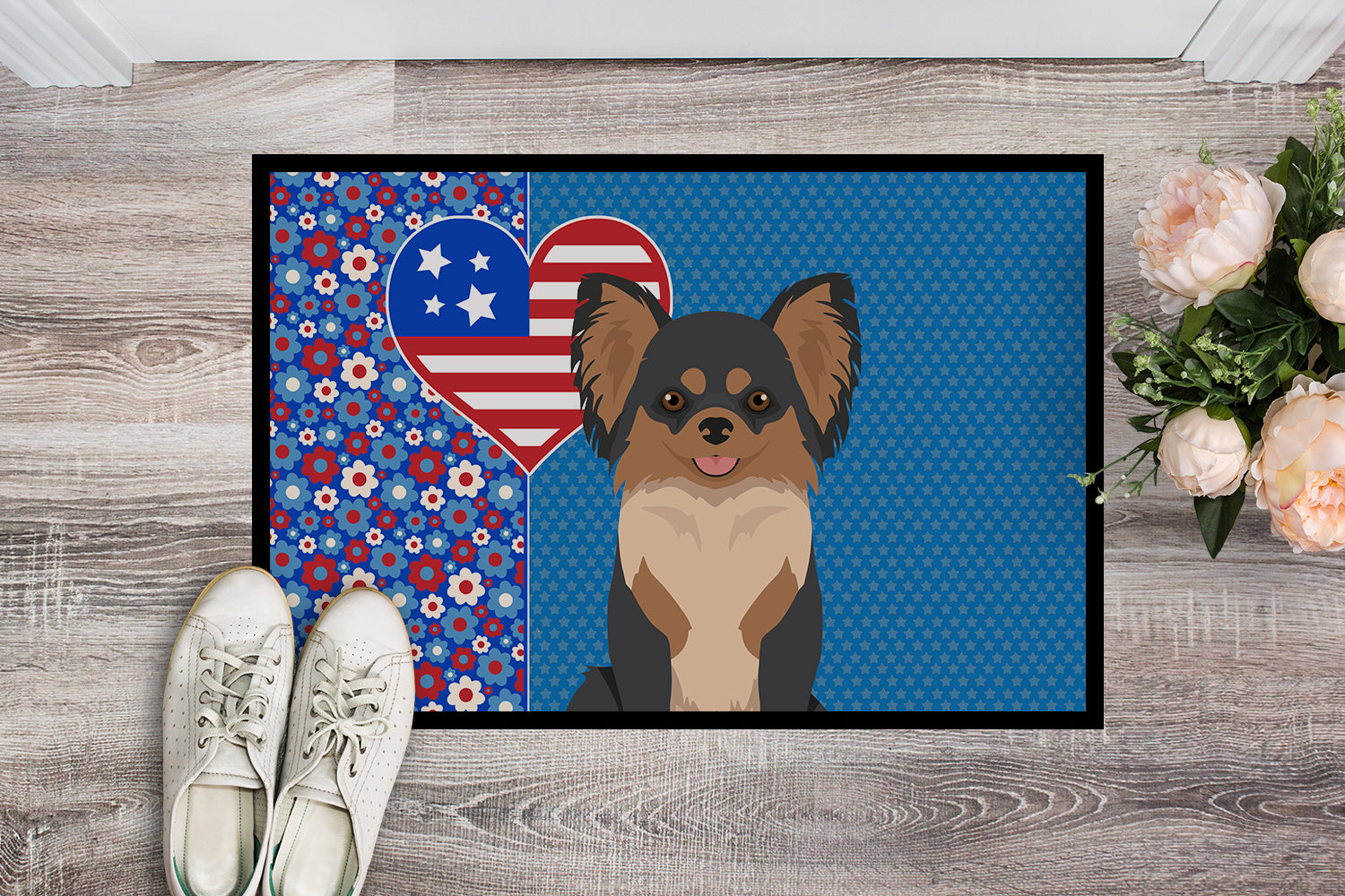 Buy this Longhaired Black and Tan Chihuahua USA American Indoor or Outdoor Mat 24x36