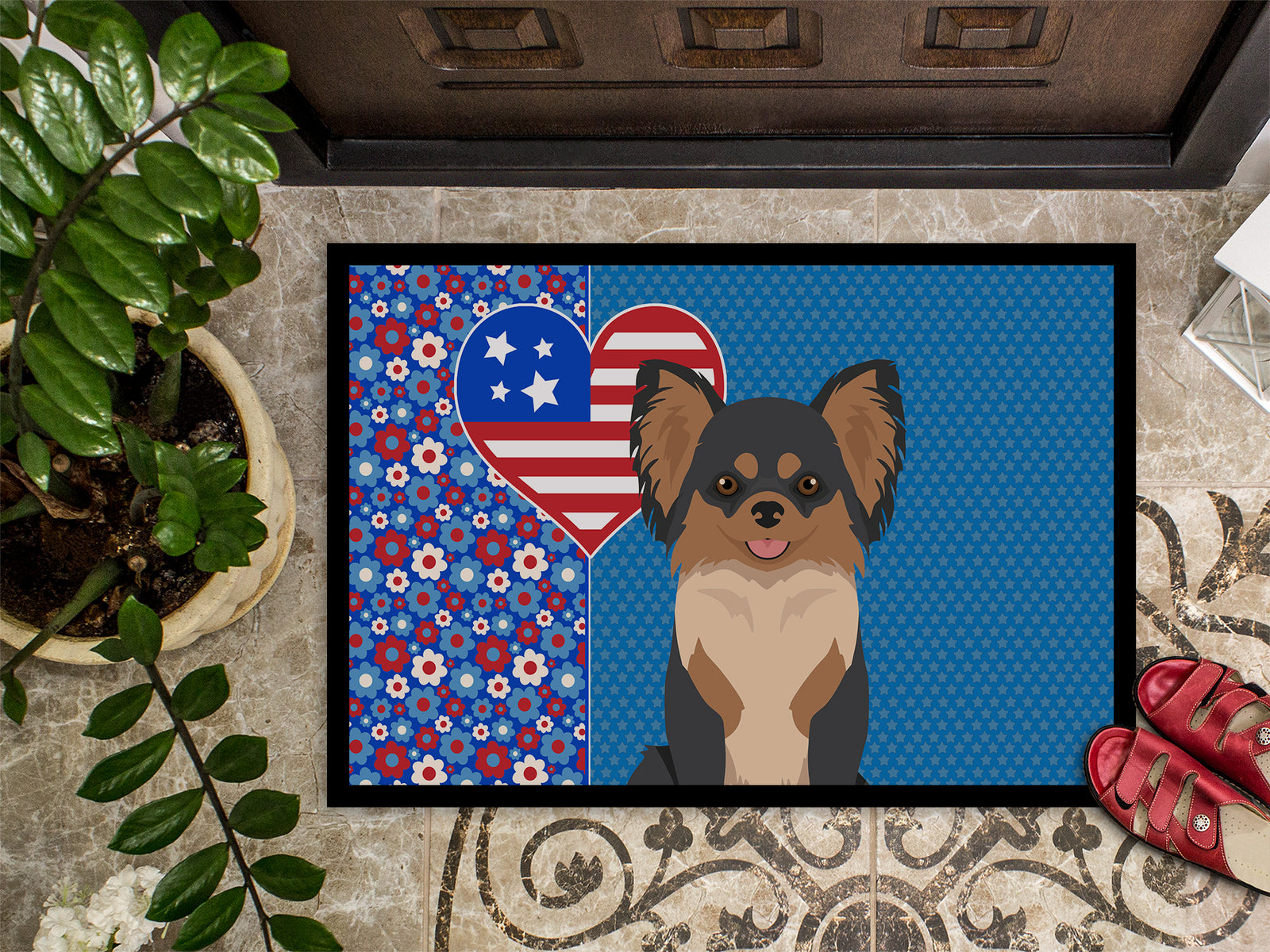 Caroline's Treasures Longhaired Black and Tan Chihuahua USA American Doormat - 24x36 Decorative Floor Mat – Indoor/Outdoor Rug with Artistic Flair