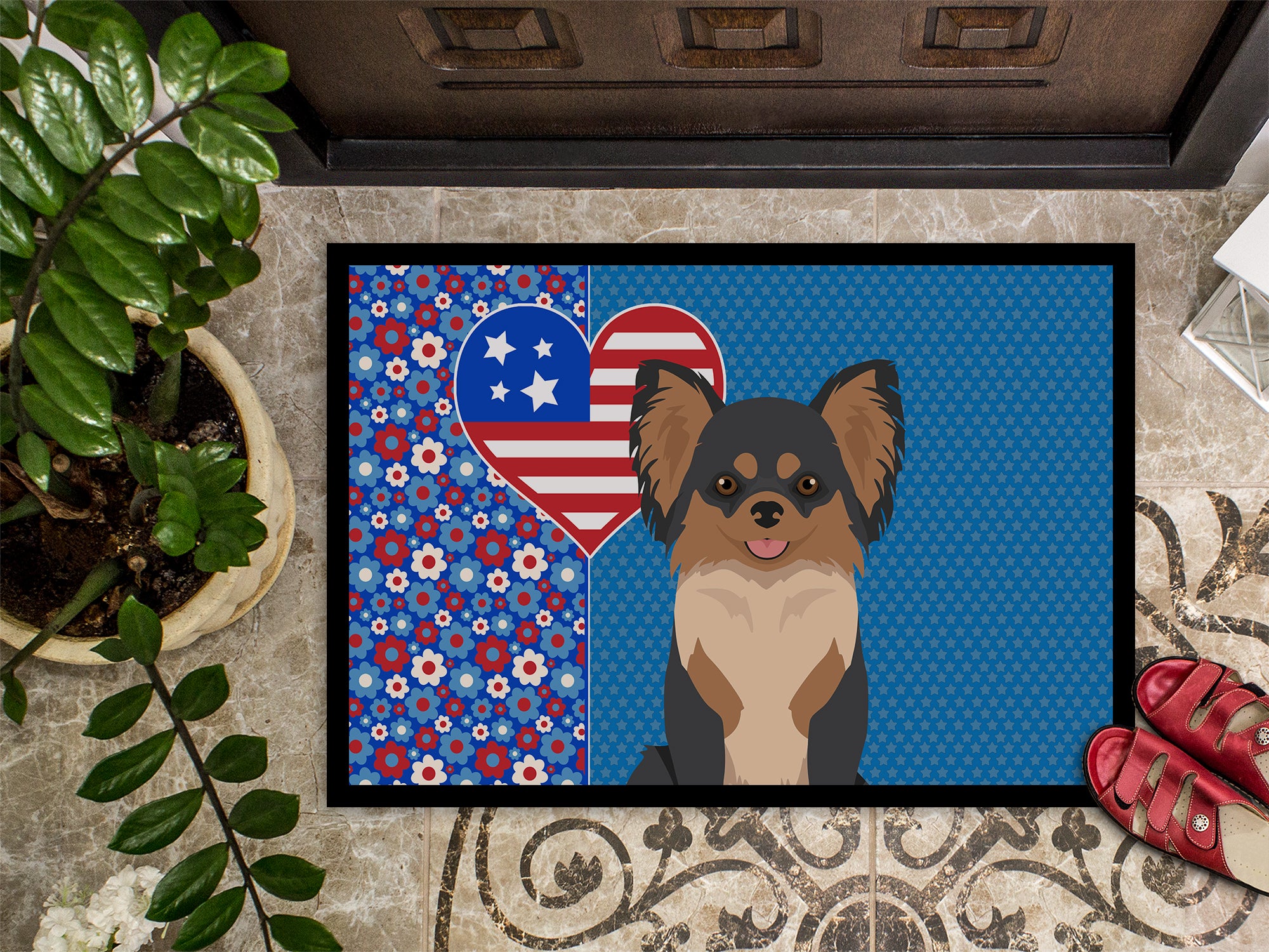 Longhaired Black and Tan Chihuahua USA American Indoor or Outdoor Mat 24x36 - the-store.com