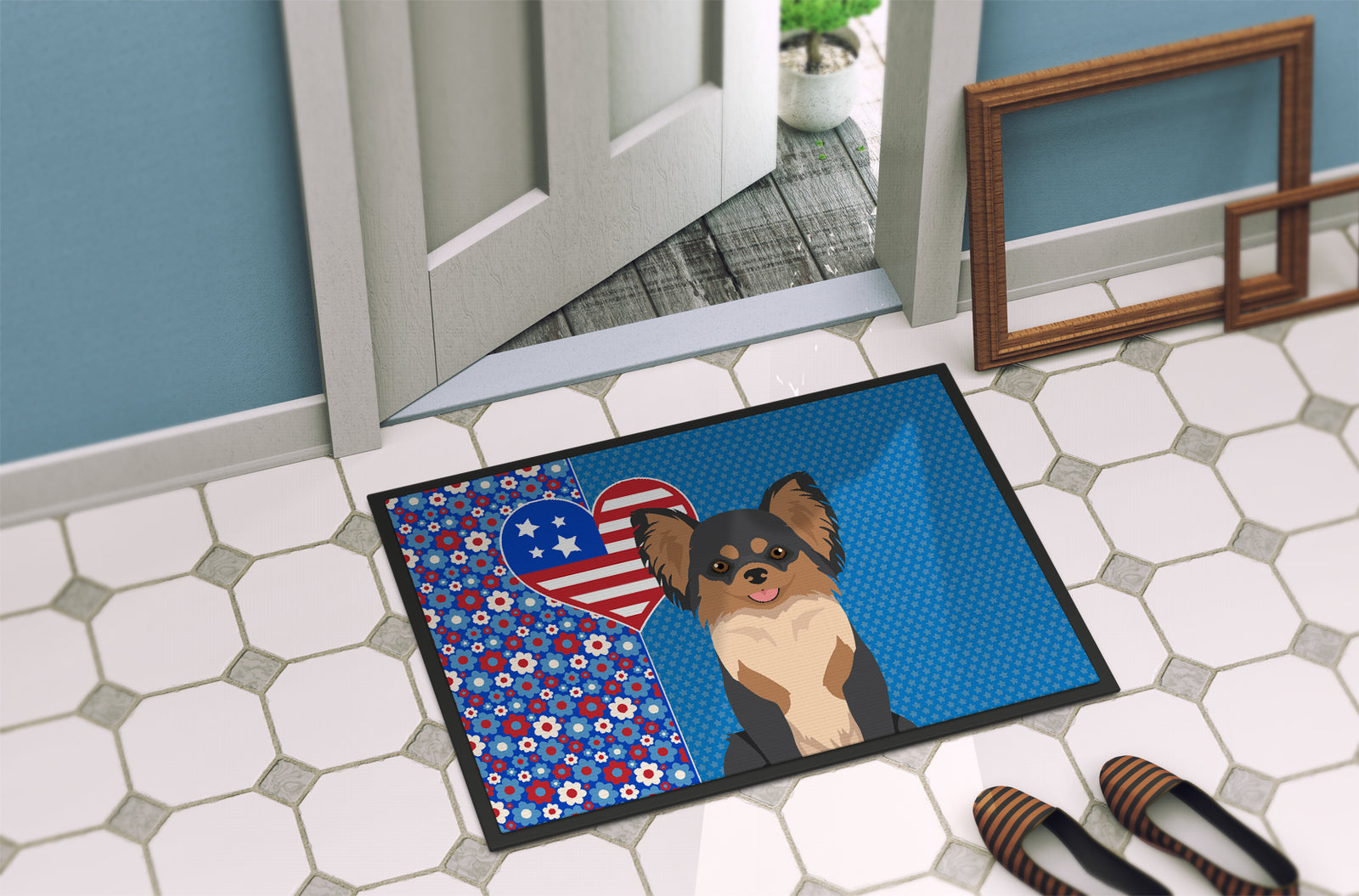Caroline's Treasures Longhaired Black and Tan Chihuahua USA American Doormat - 24x36 Decorative Floor Mat – Indoor/Outdoor Rug with Artistic Flair
