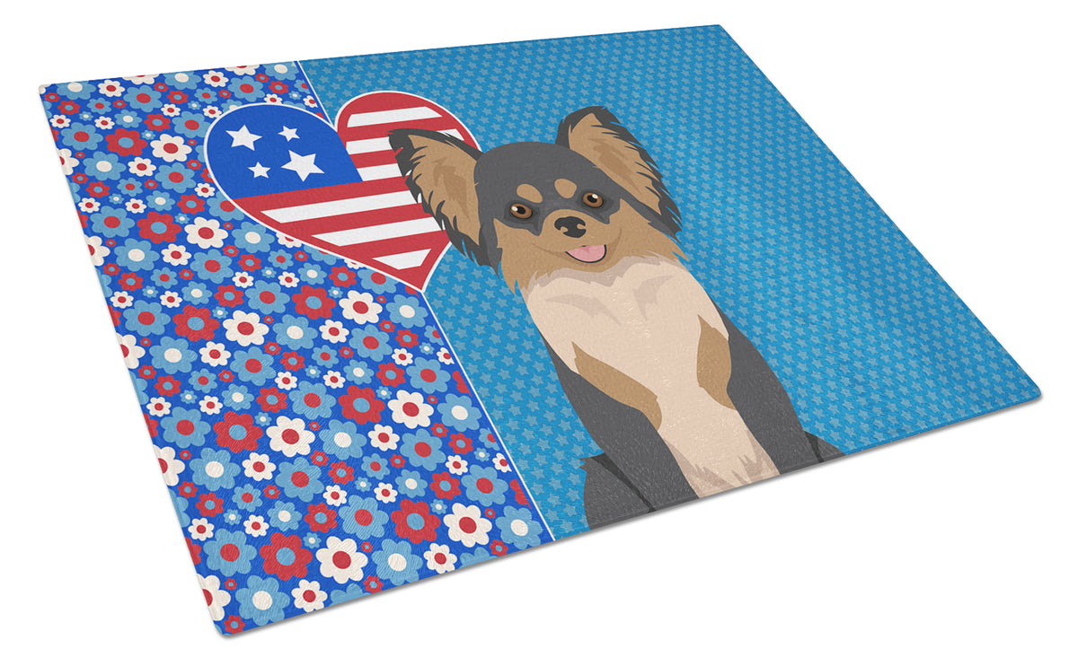 Buy this Longhaired Black and Tan Chihuahua USA American Glass Cutting Board Large