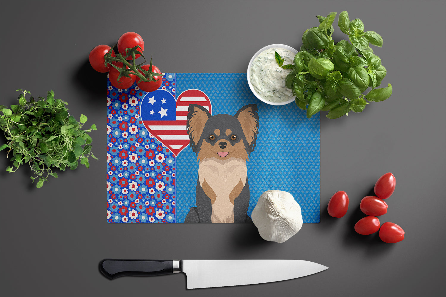 Longhaired Black and Tan Chihuahua USA American Glass Cutting Board Large - the-store.com
