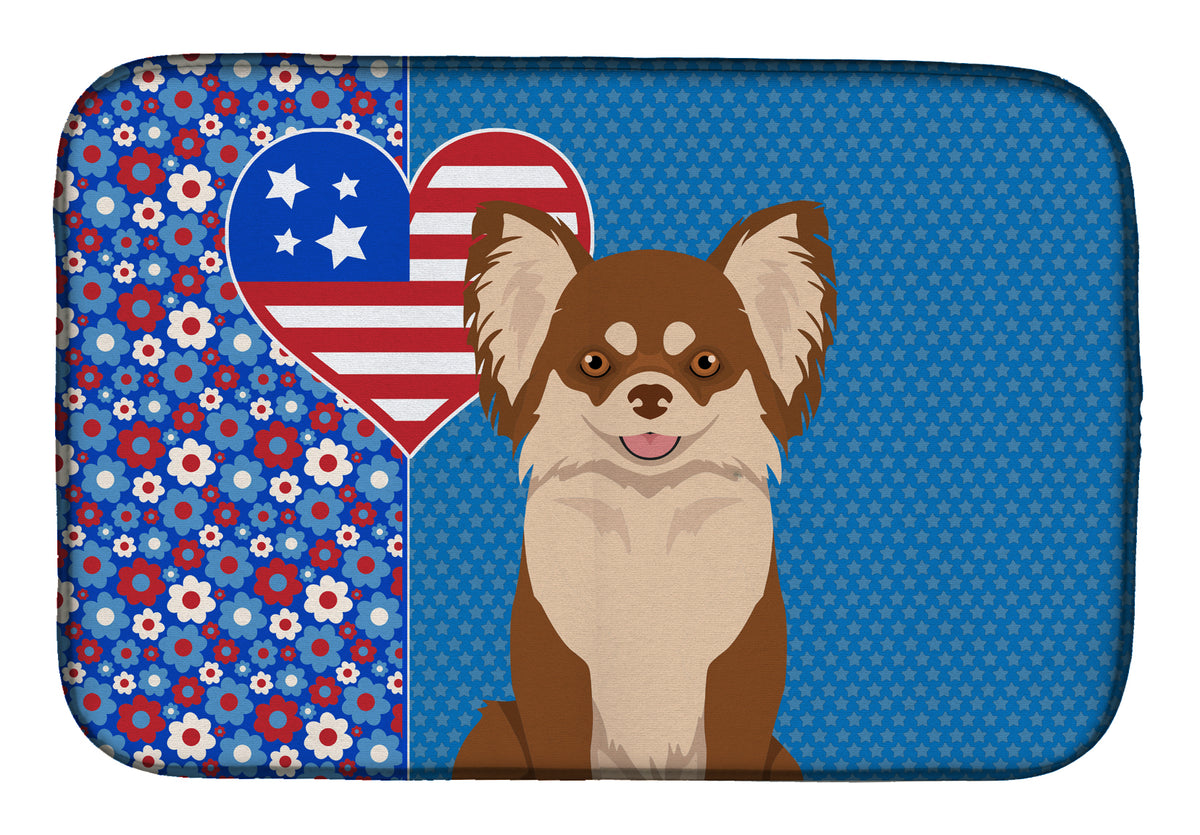 Longhaired Chocolate and White Chihuahua USA American Dish Drying Mat