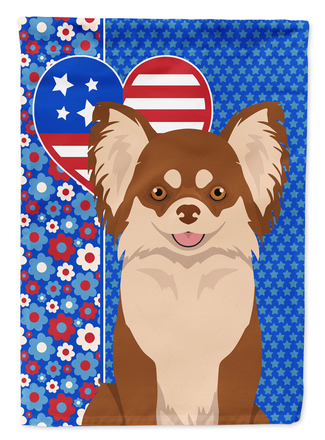 Longhaired Chocolate and White Chihuahua USA American Flag Garden Size