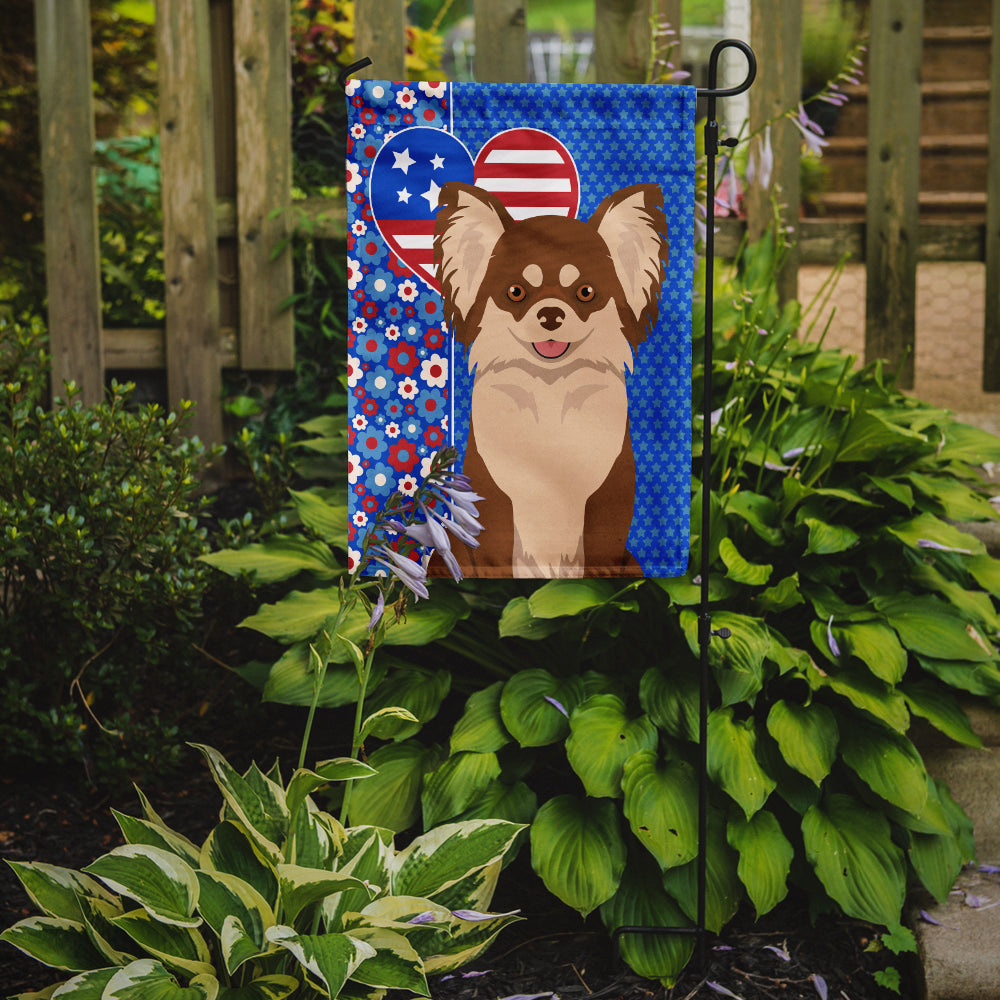Longhaired Chocolate and White Chihuahua USA American Flag Garden Size  the-store.com.