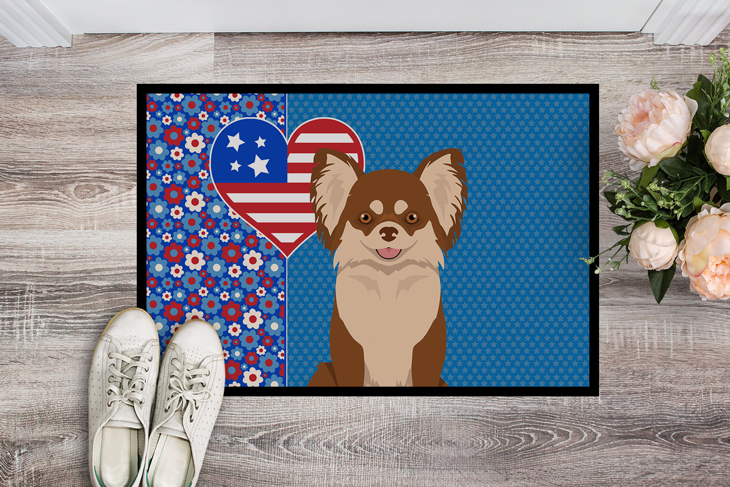 Longhaired Chocolate and White Chihuahua USA American Indoor or Outdoor Mat 24x36 - the-store.com