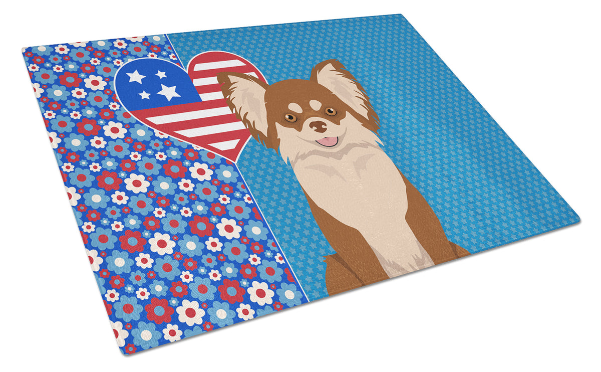 Buy this Longhaired Chocolate and White Chihuahua USA American Glass Cutting Board Large
