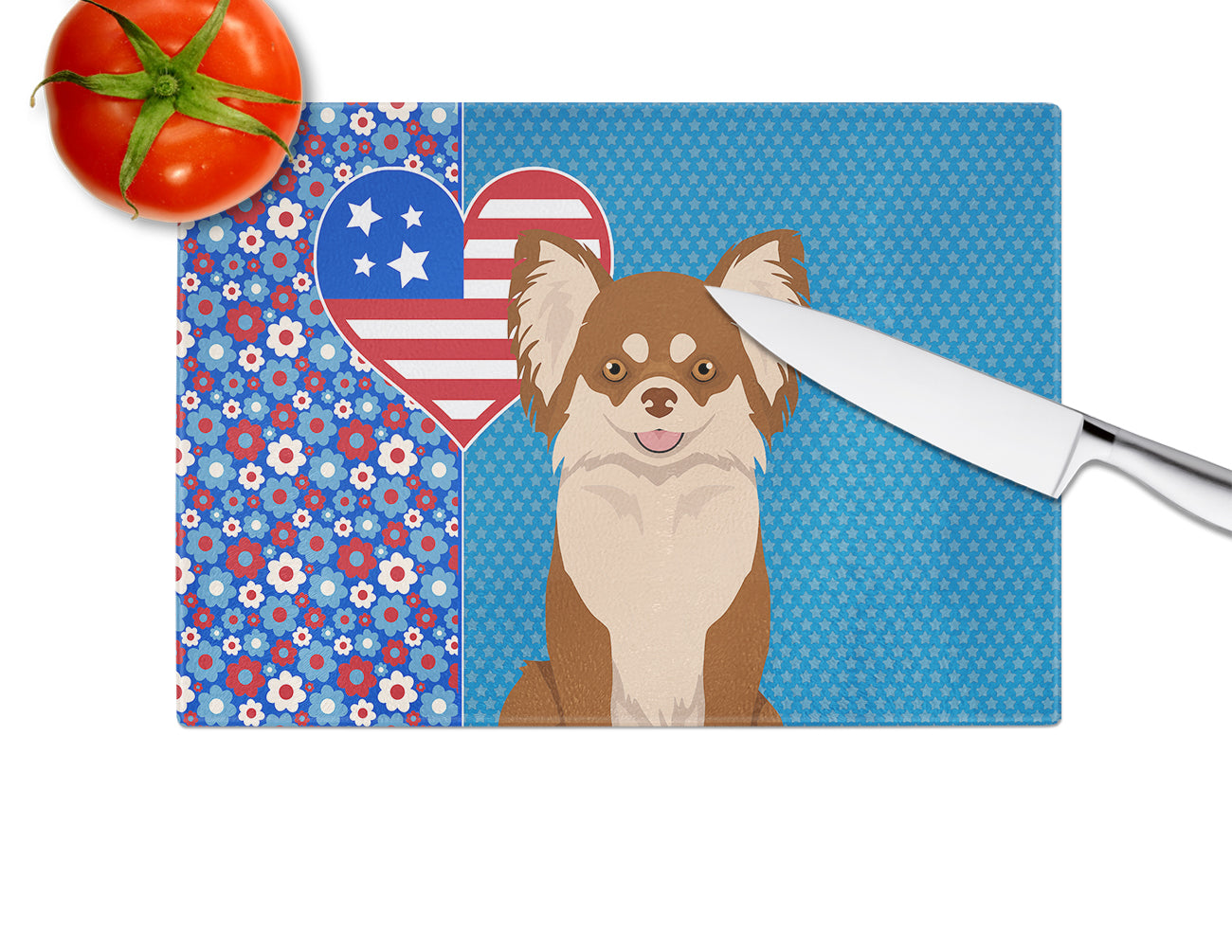 Longhaired Chocolate and White Chihuahua USA American Glass Cutting Board Large - the-store.com