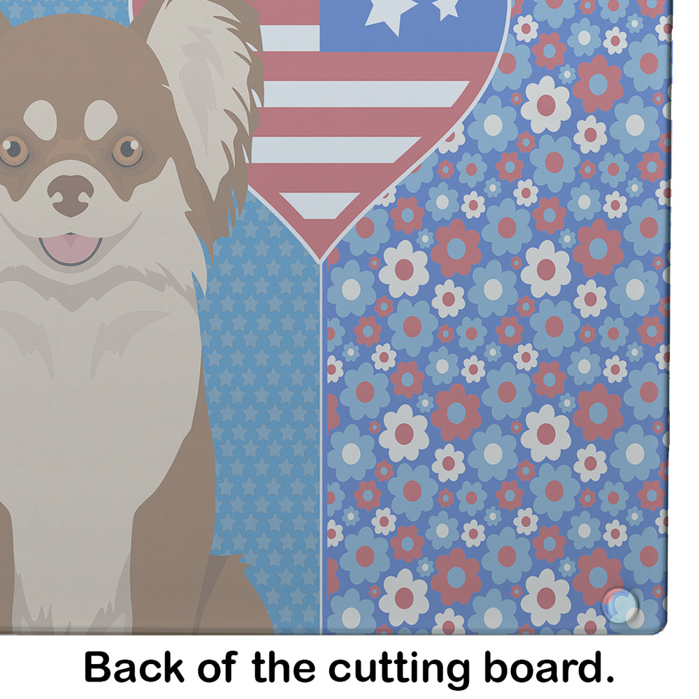 Longhaired Chocolate and White Chihuahua USA American Glass Cutting Board Large - the-store.com