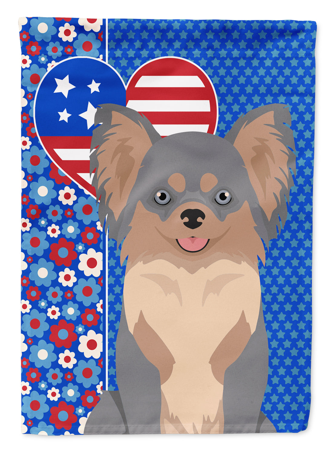 Longhaired Blue and Tan Chihuahua USA American Flag Garden Size  the-store.com.