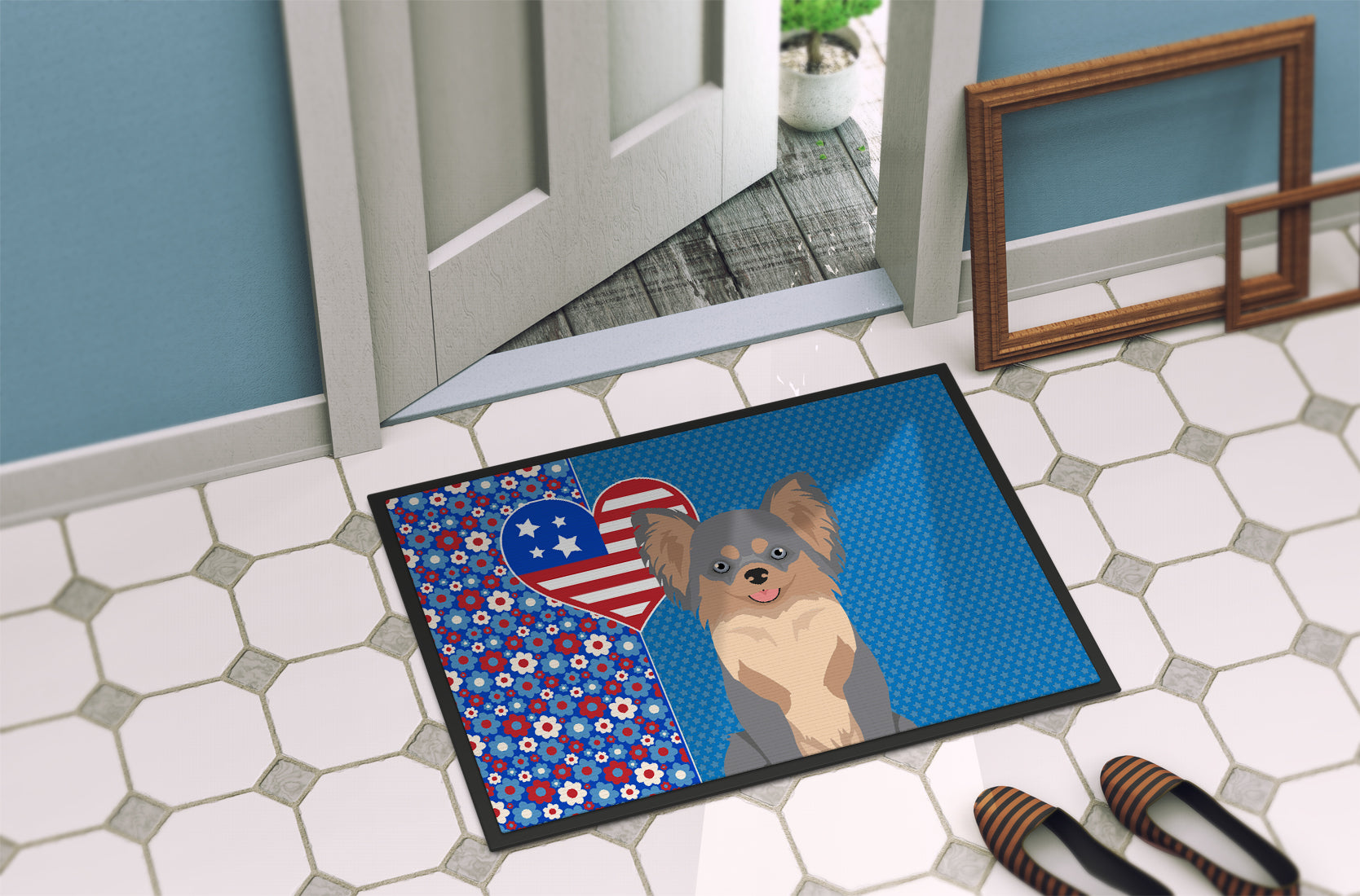 Longhaired Blue and Tan Chihuahua USA American Indoor or Outdoor Mat 24x36 - the-store.com