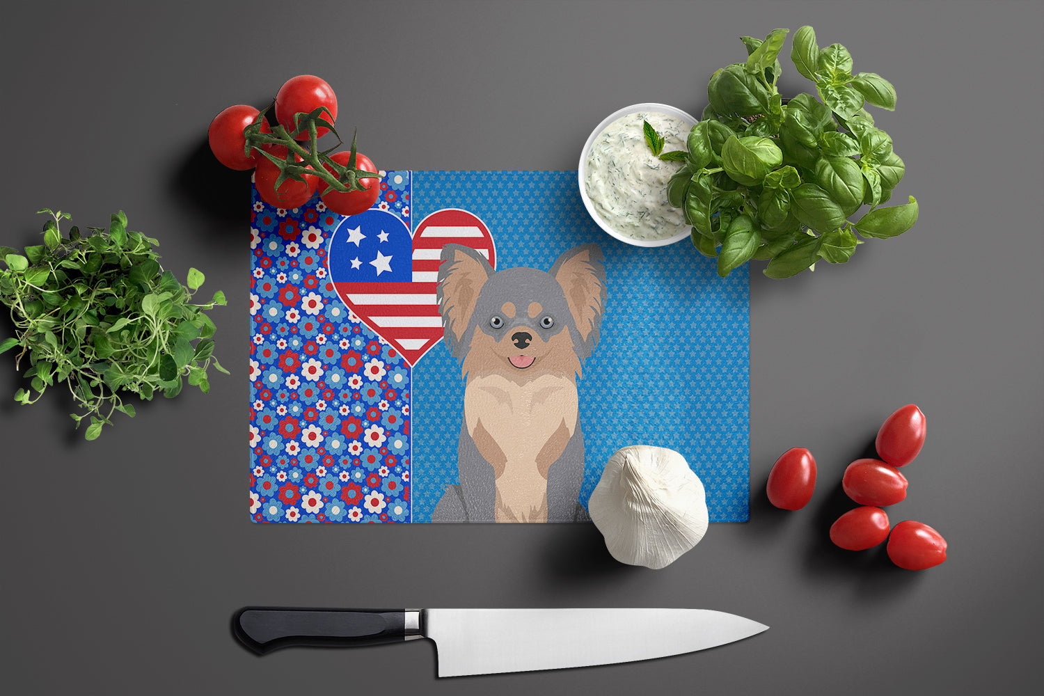 Longhaired Blue and Tan Chihuahua USA American Glass Cutting Board Large - the-store.com