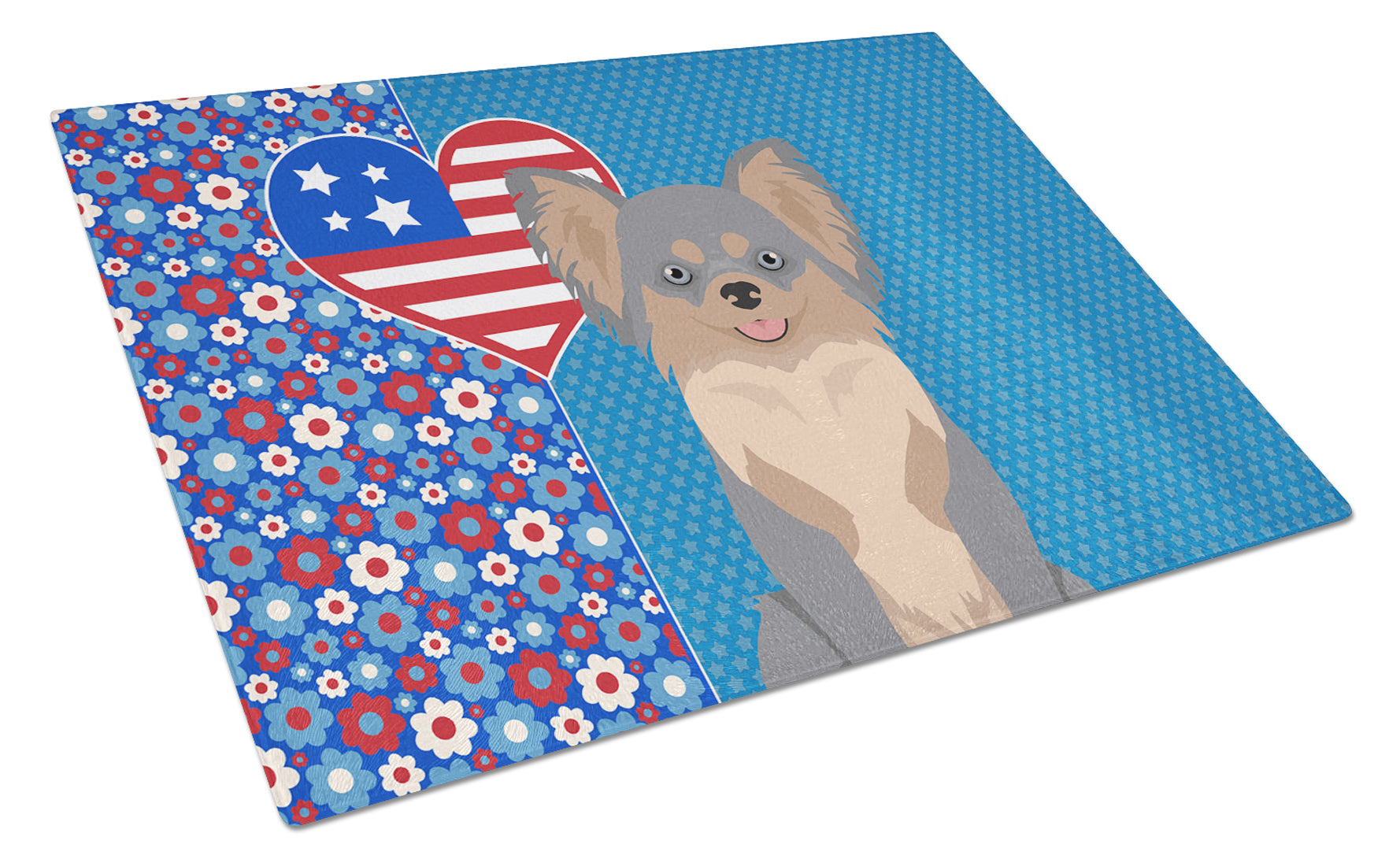 Buy this Longhaired Blue and Tan Chihuahua USA American Glass Cutting Board Large