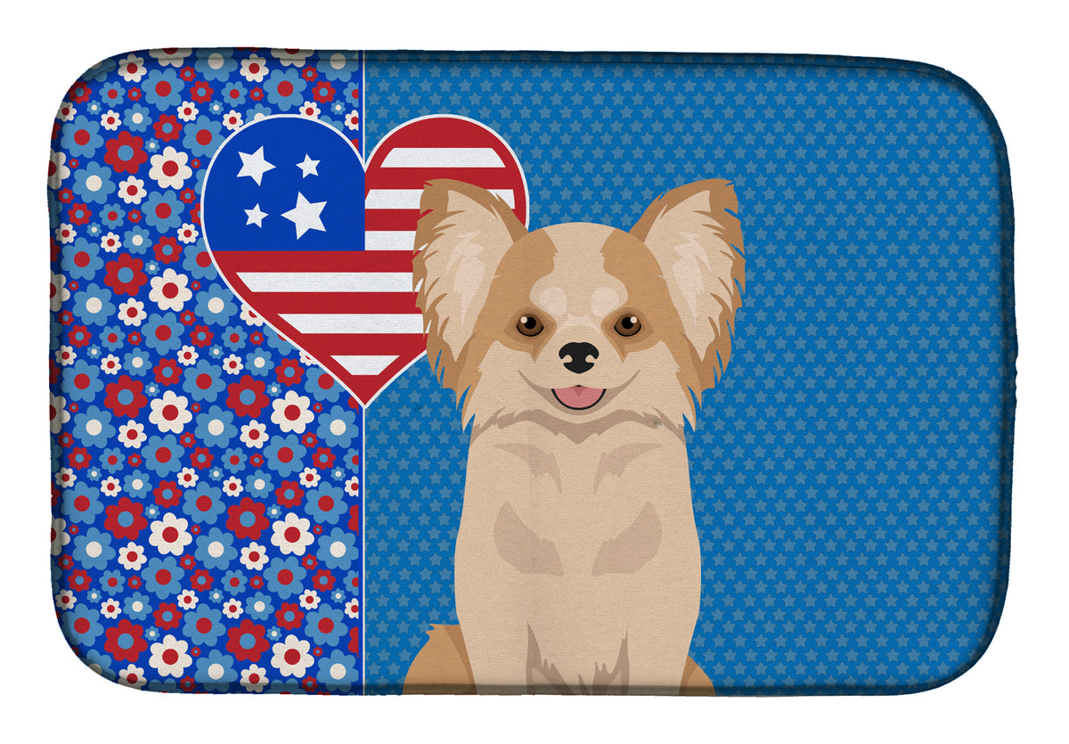 Longhaired Gold and White Chihuahua USA American Dish Drying Mat