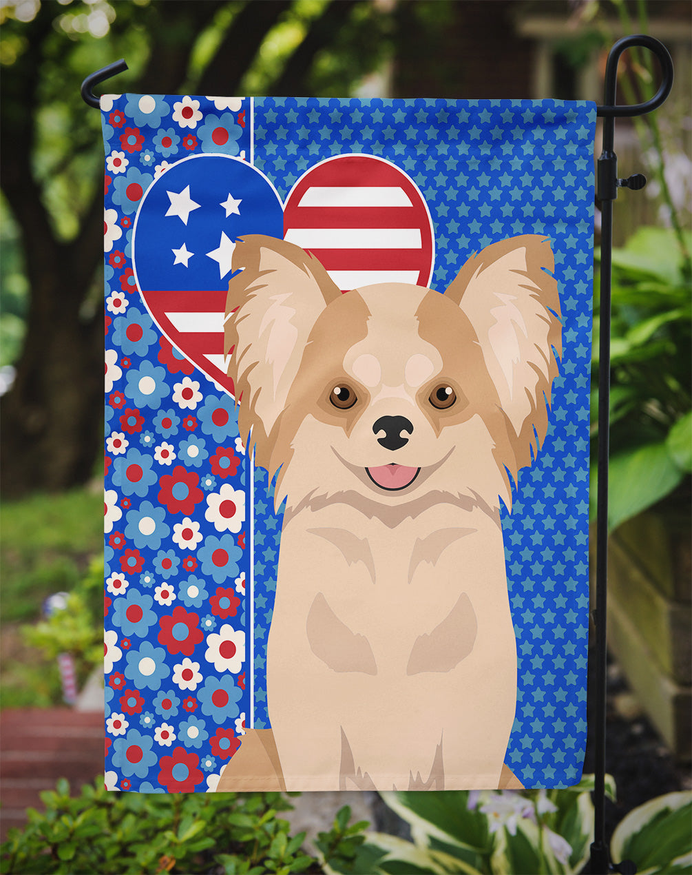 Longhaired Gold and White Chihuahua USA American Flag Garden Size  the-store.com.