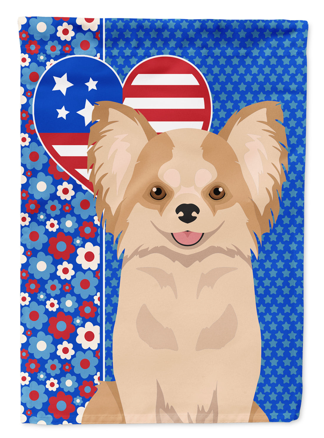 Longhaired Gold and White Chihuahua USA American Flag Garden Size  the-store.com.