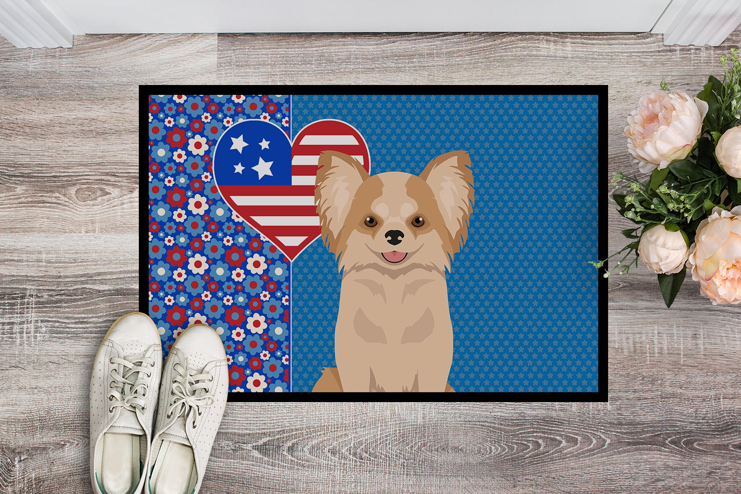 Longhaired Gold and White Chihuahua USA American Indoor or Outdoor Mat 24x36 - the-store.com