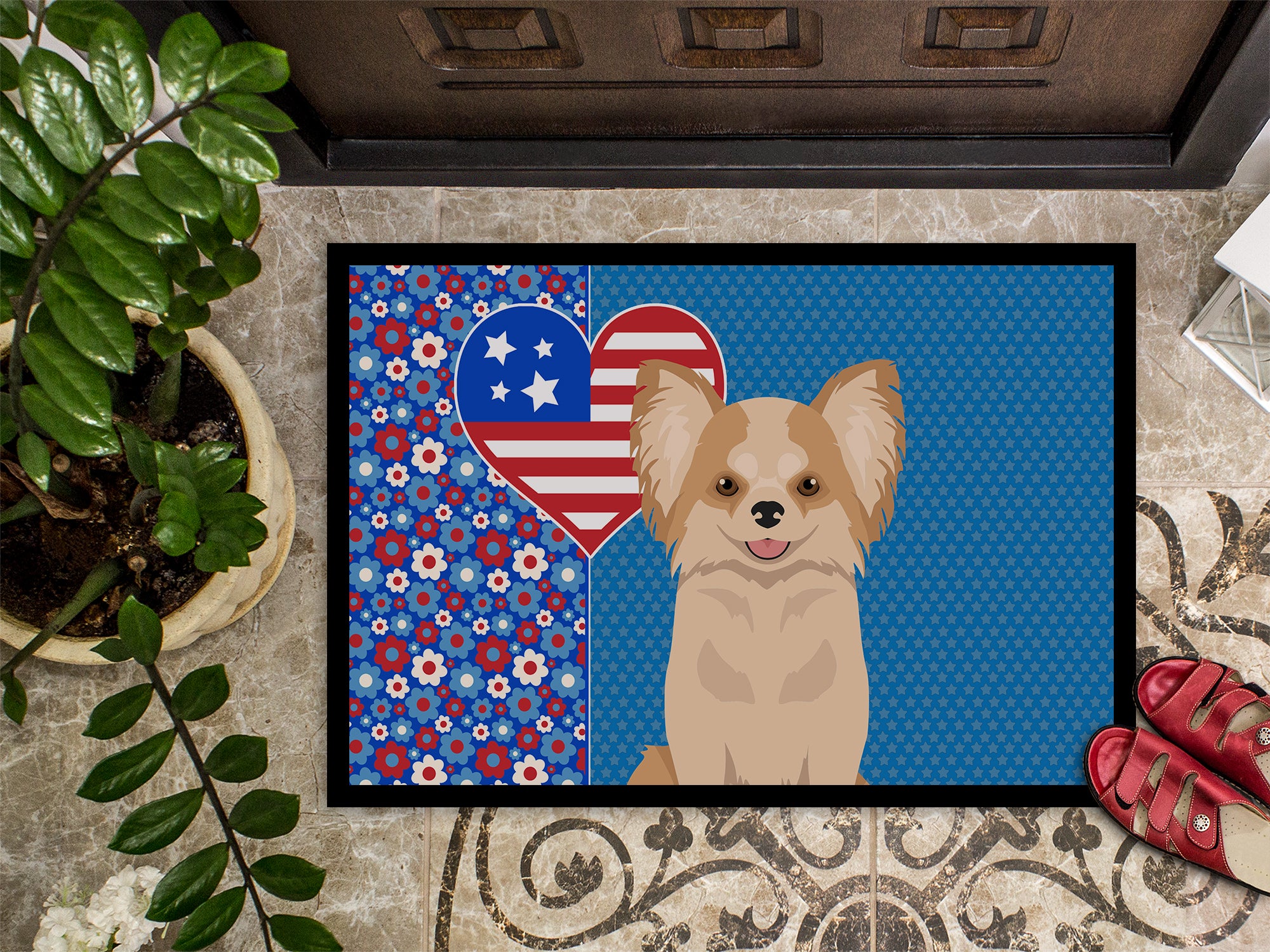 Longhaired Gold and White Chihuahua USA American Indoor or Outdoor Mat 24x36 - the-store.com