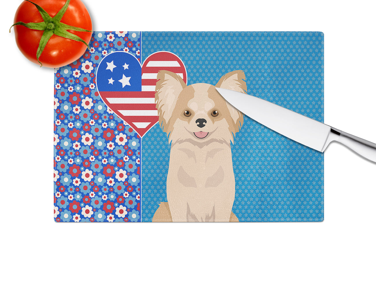 Longhaired Gold and White Chihuahua USA American Glass Cutting Board Large - the-store.com