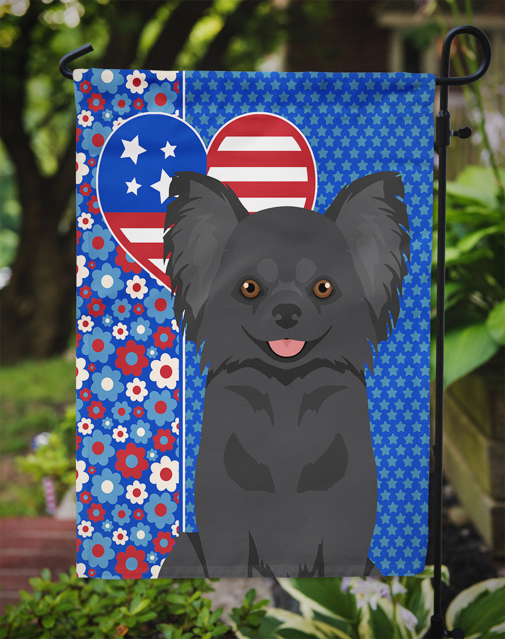 Longhaired Black Chihuahua USA American Flag Garden Size  the-store.com.