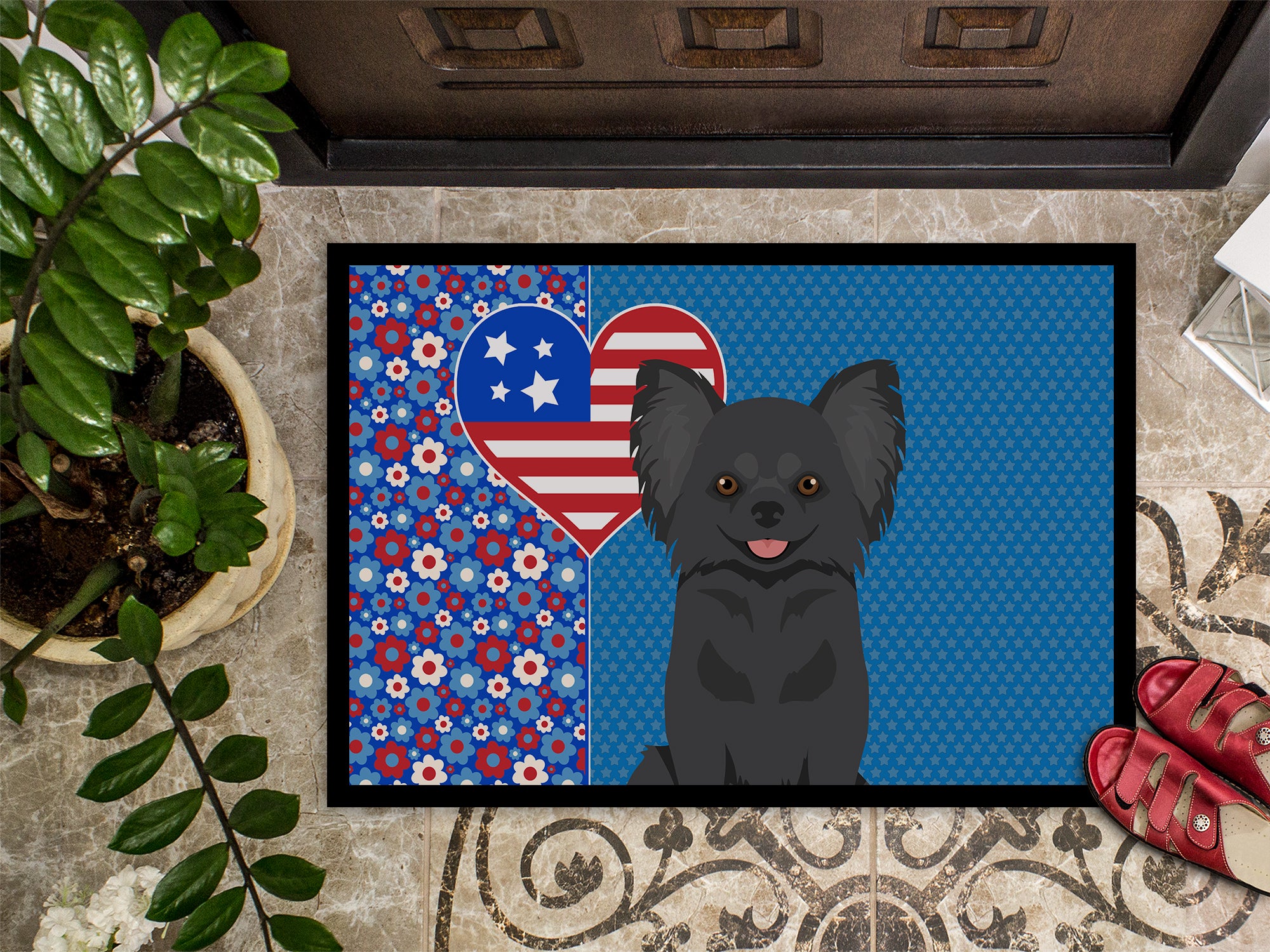Longhaired Black Chihuahua USA American Indoor or Outdoor Mat 24x36 - the-store.com