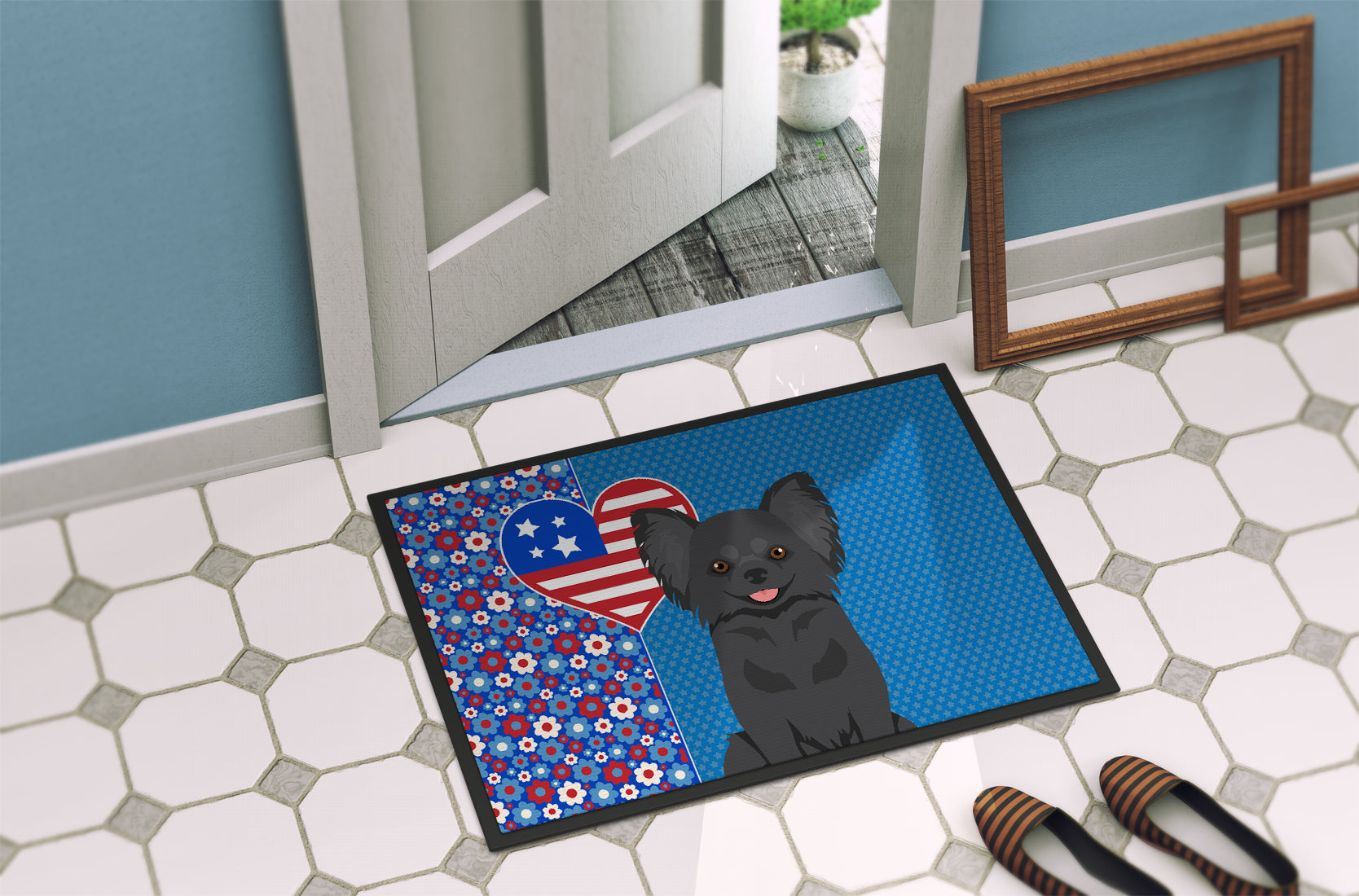 Longhaired Black Chihuahua USA American Indoor or Outdoor Mat 24x36 - the-store.com
