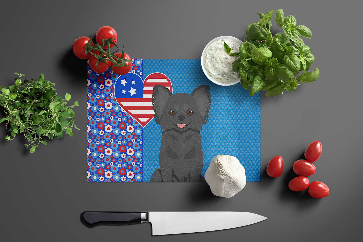 Longhaired Black Chihuahua USA American Glass Cutting Board Large - the-store.com