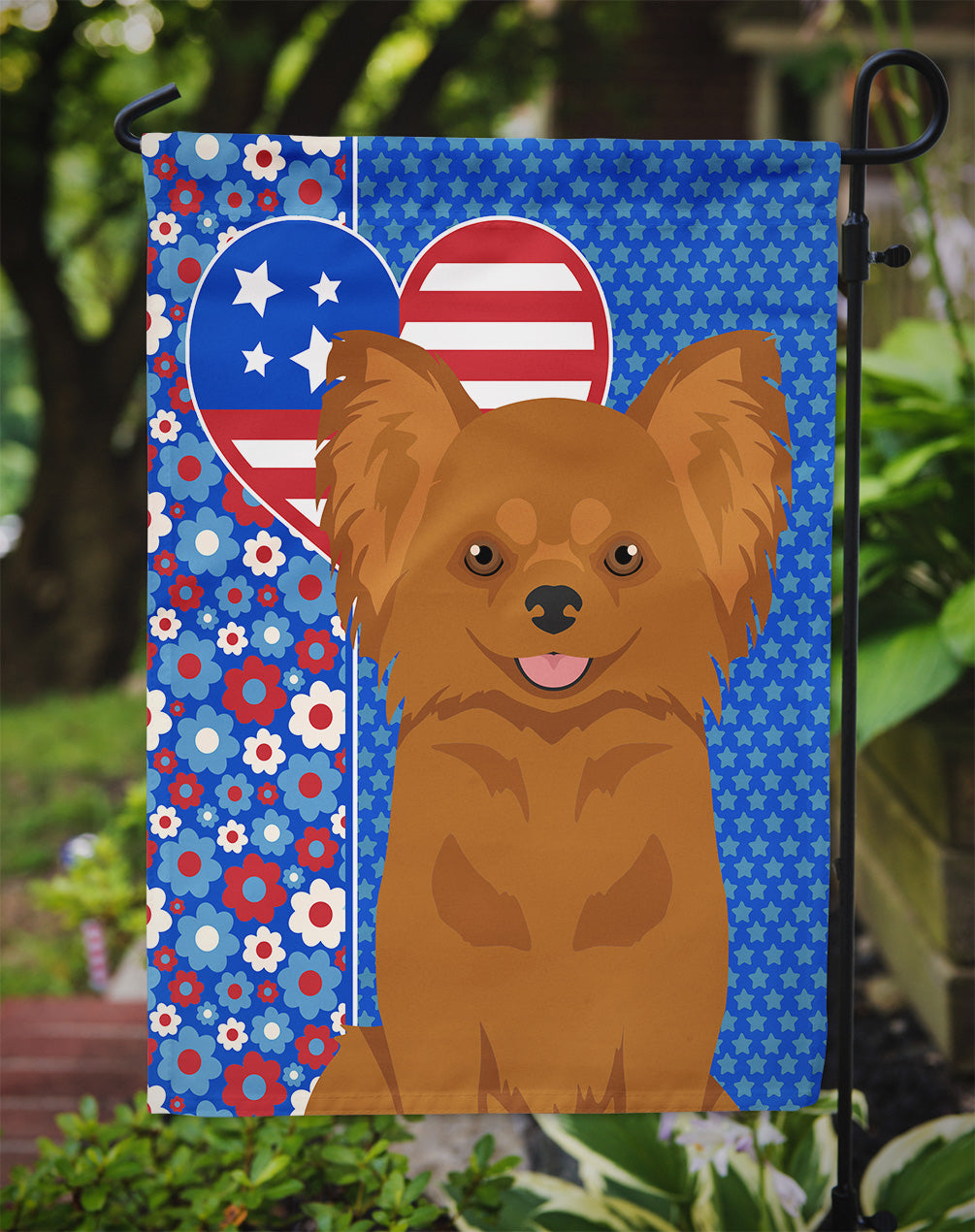 Longhaired Red Chihuahua USA American Flag Garden Size