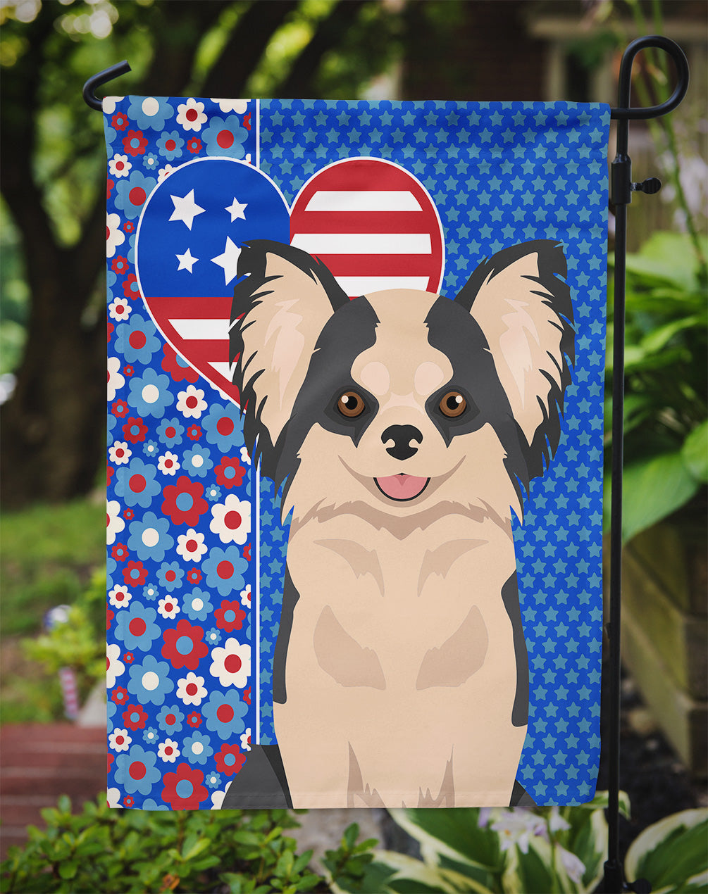 Longhaired Black and White #2 Chihuahua USA American Flag Garden Size