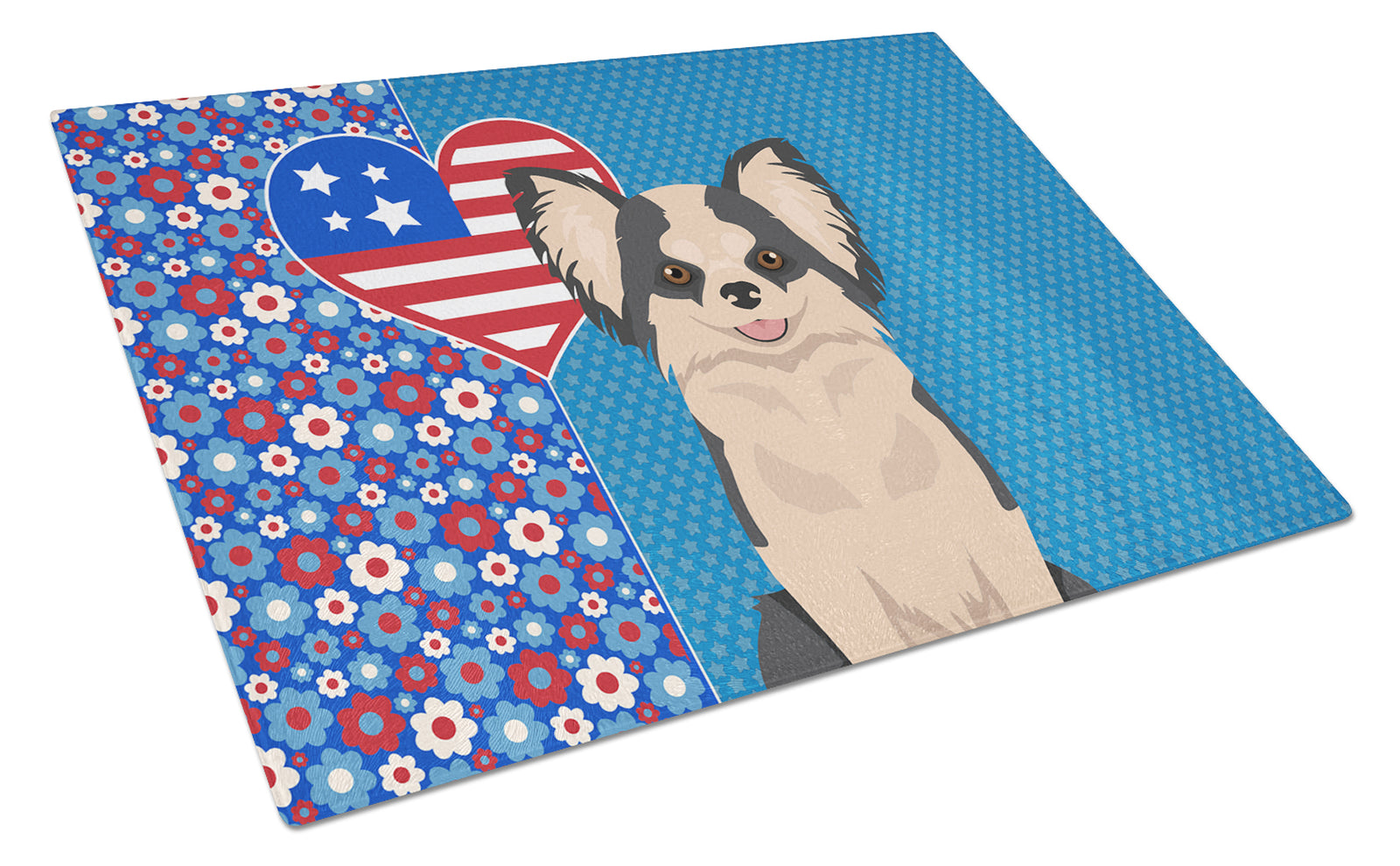 Buy this Longhaired Black and White #2 Chihuahua USA American Glass Cutting Board Large
