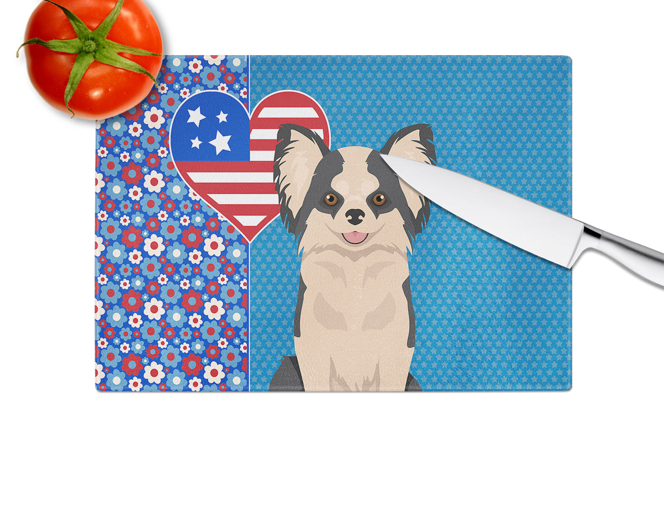 Longhaired Black and White #2 Chihuahua USA American Glass Cutting Board Large - the-store.com