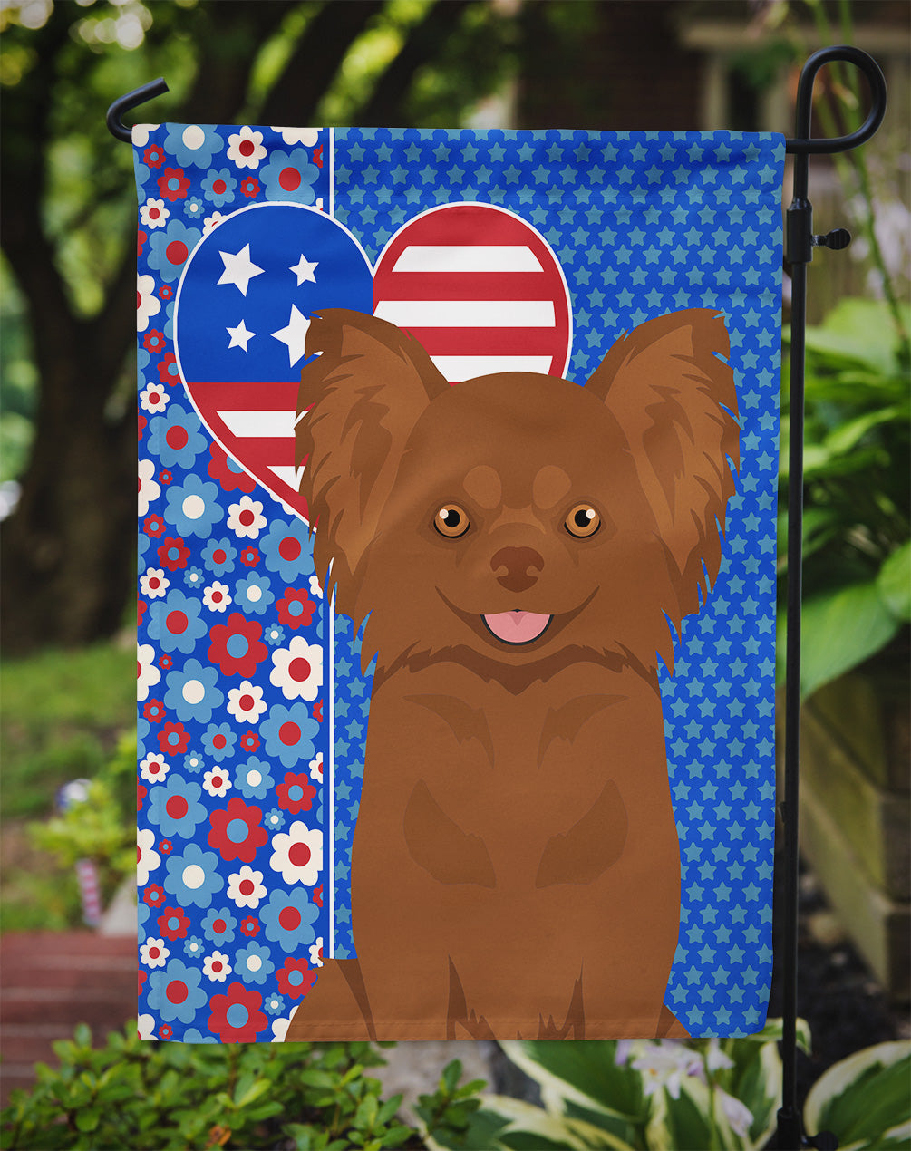 Longhaired Chocolate Chihuahua USA American Flag Garden Size  the-store.com.