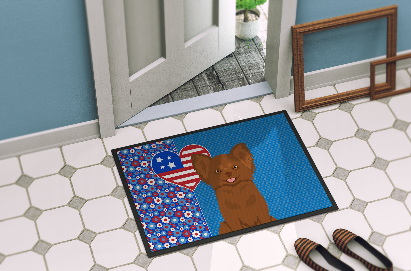 Longhaired Chocolate Chihuahua USA American Indoor or Outdoor Mat 24x36 - the-store.com