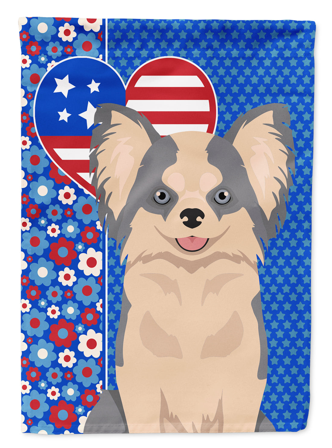 Longhaired Blue and White Chihuahua USA American Flag Garden Size