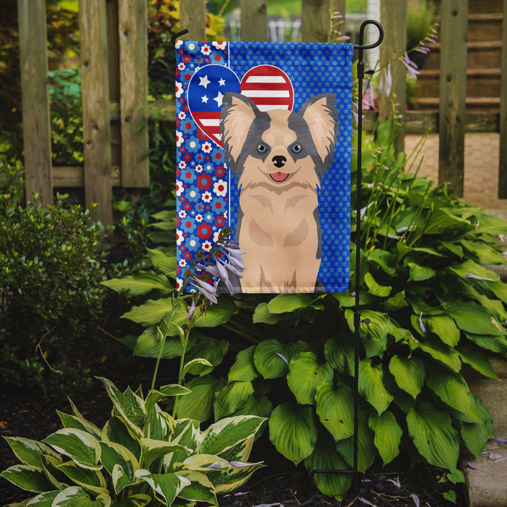 Longhaired Blue and White Chihuahua USA American Flag Garden Size  the-store.com.