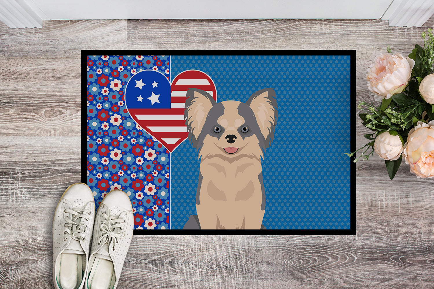 Buy this Longhaired Blue and White Chihuahua USA American Indoor or Outdoor Mat 24x36
