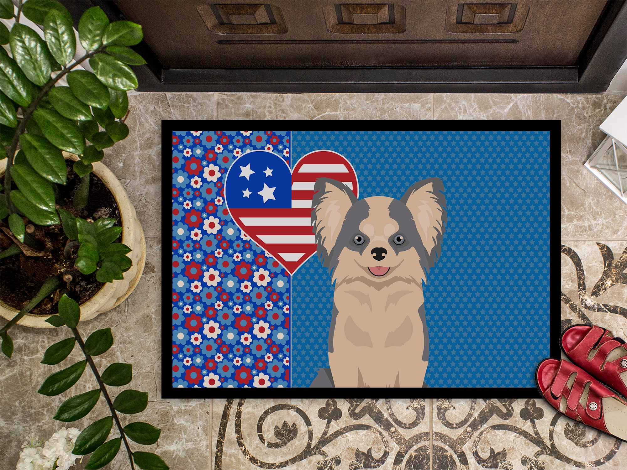 Longhaired Blue and White Chihuahua USA American Indoor or Outdoor Mat 24x36 - the-store.com