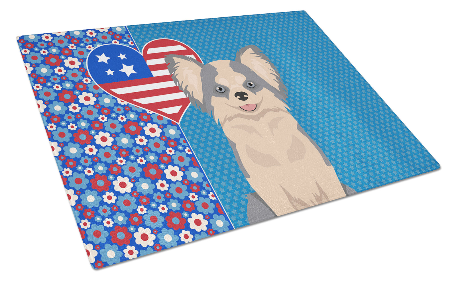 Buy this Longhaired Blue and White Chihuahua USA American Glass Cutting Board Large