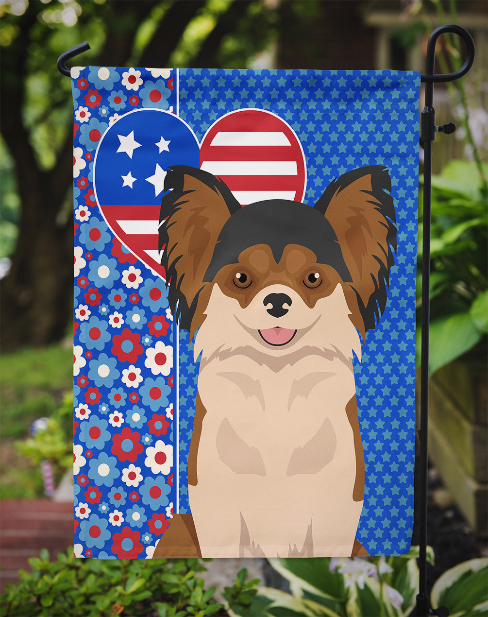 Longhaired Black and Red Chihuahua USA American Flag Garden Size
