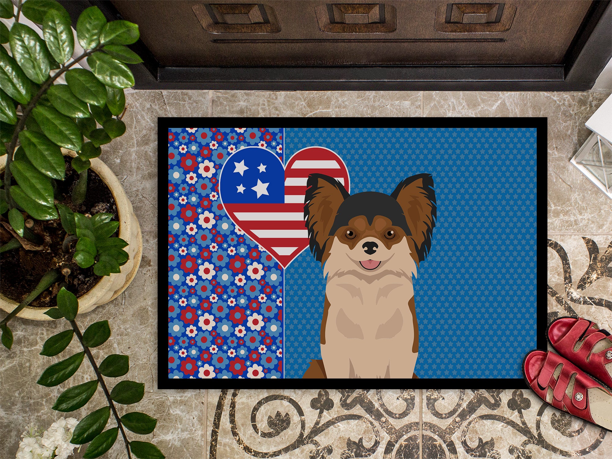 Longhaired Black and Red Chihuahua USA American Indoor or Outdoor Mat 24x36 - the-store.com